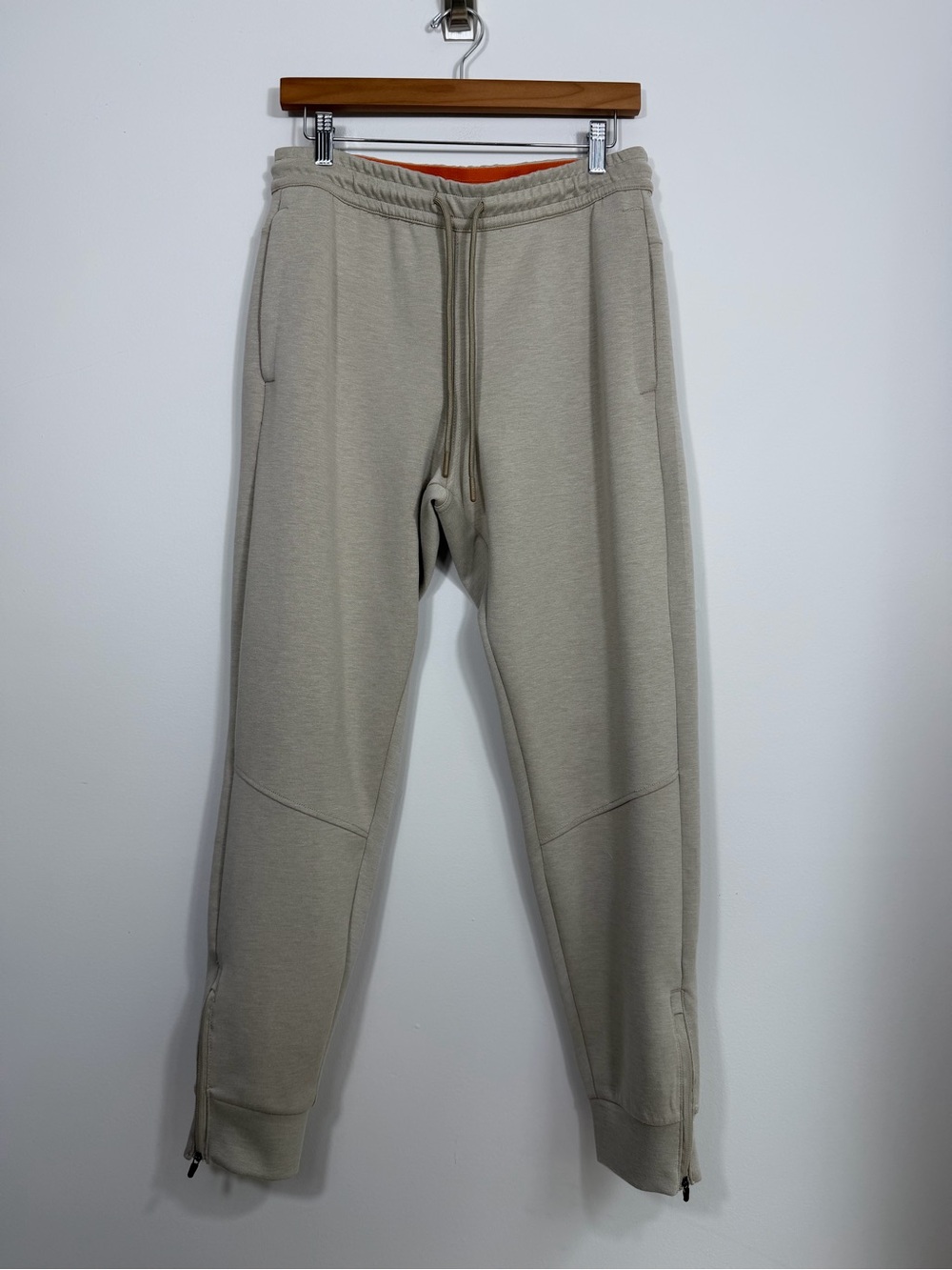 Motion Men’s M Beige Tech Fleece Jogger Pants Ankle Zip Drawstring